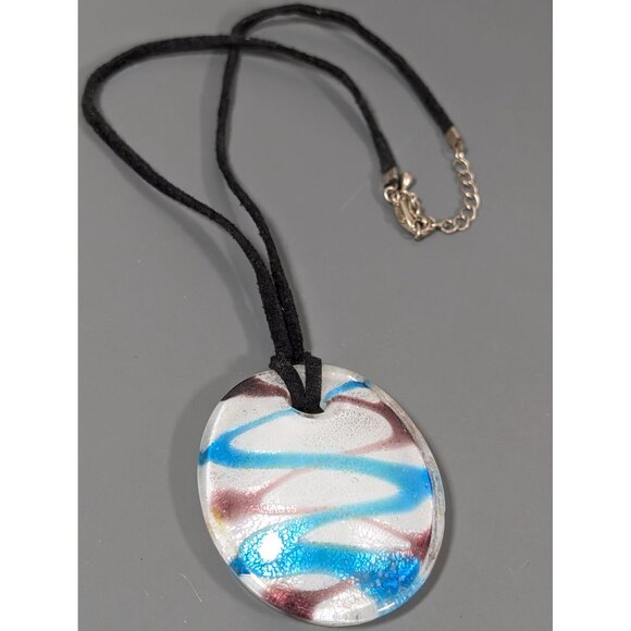 Artisan Hand Blown Glass Dichroic Oval Pendant Blue Purple Spiral Cord Necklace - Picture 2 of 7